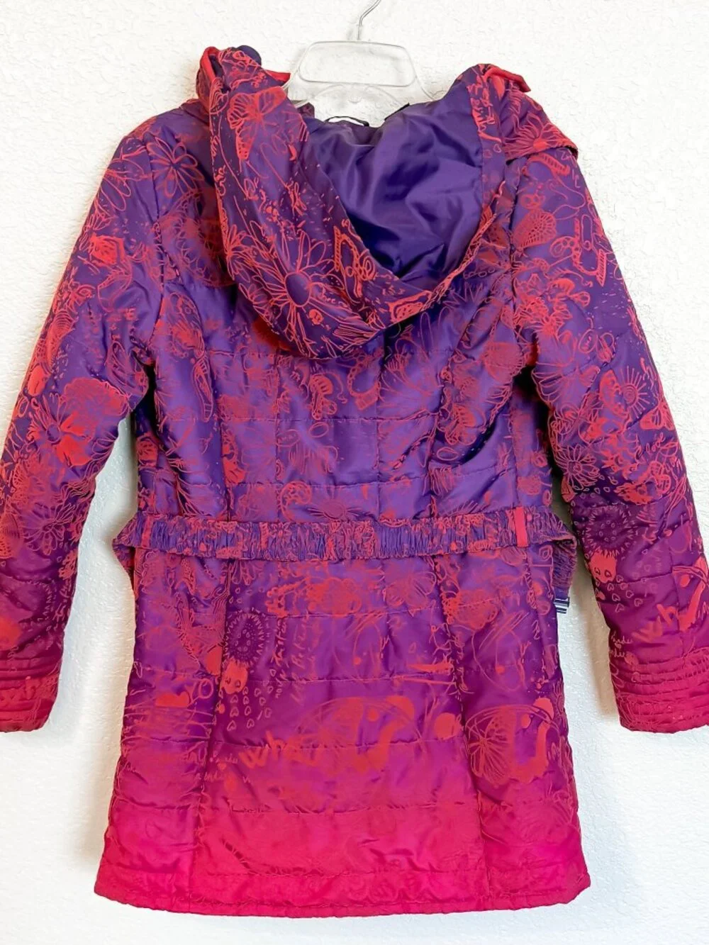 Desigual  'Hume' Ombre Quilted Puffer Coat Kids Girls 13/14 Velvet Flocked Belt